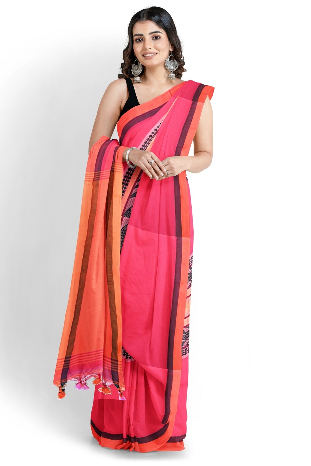Pink Orange Pure Cotton Marine Hand Loom Saree (1278)